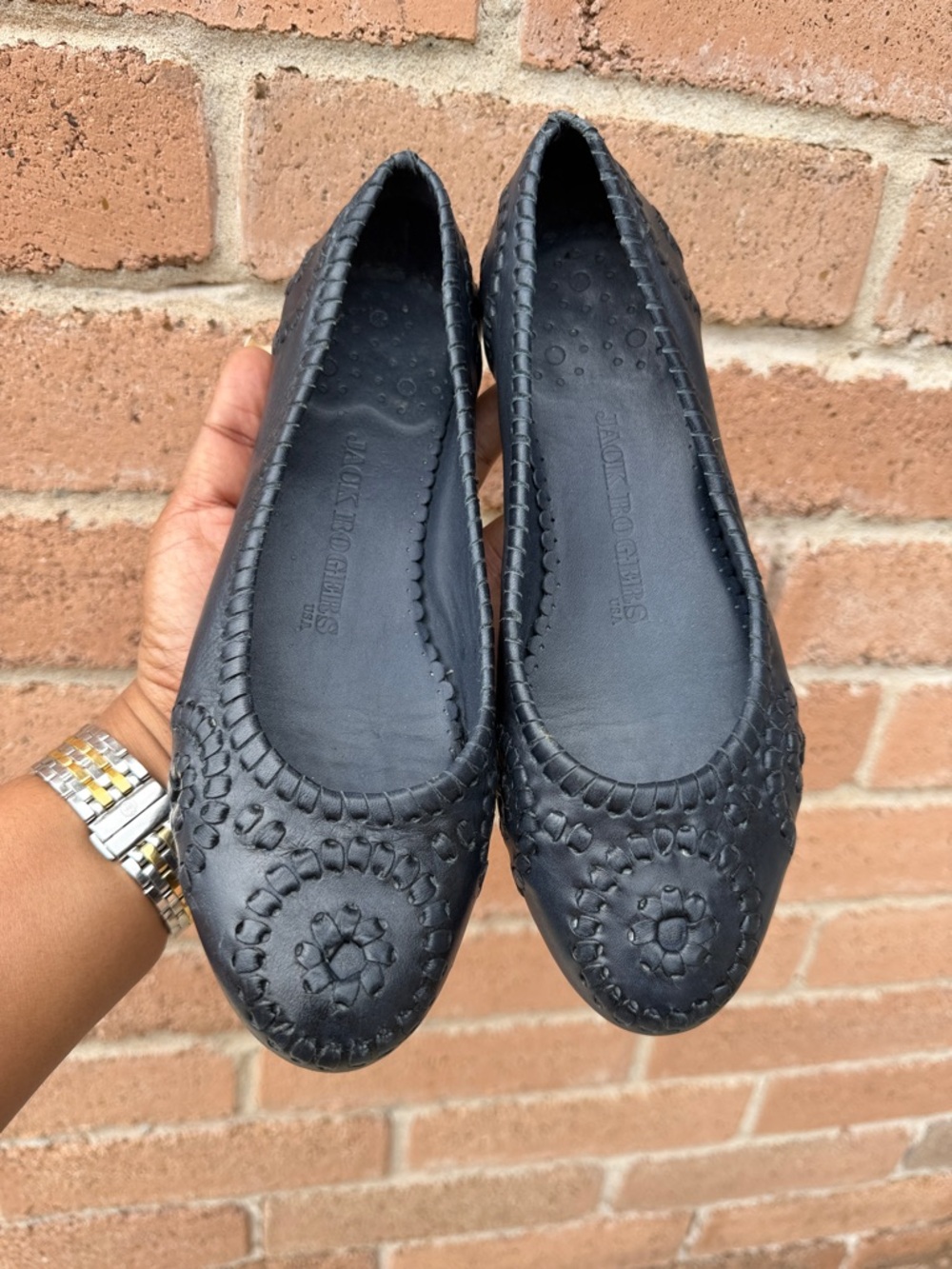 Jack Rogers Black Woven Leather Ballet Flats